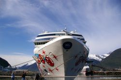 Norwegian Pearl docked at Mountains of Skagway Alaska front view.jpg